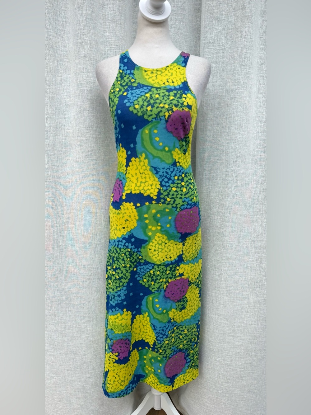 1970 paisley JerSea of Sweden cross back blue yellow green sleeveless dress - Picture 2 of 14